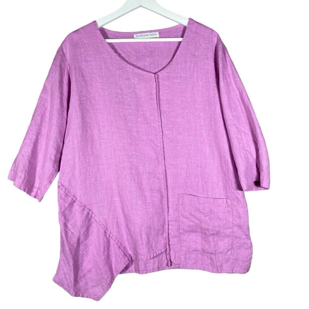Christopher Calvin 100% Linen Top Lagenlook Tunic Blouse Asymmetric Mauve Shirt